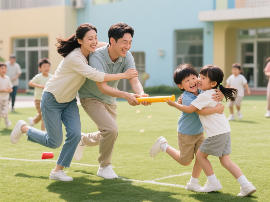 比如，一个简单的游戏可以是“抱抱接力赛”，家长和孩