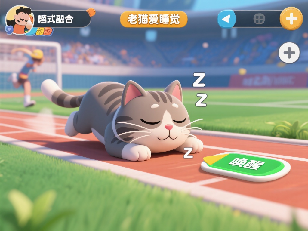 这种设计巧妙地融合了“老猫爱睡觉”的核心特质与体育